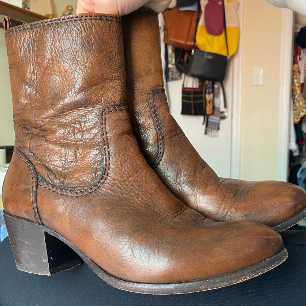 Frye brown heeled booties